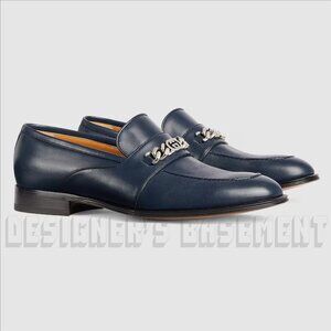 Gucci 8 blue Agata lambskin Leather Interlocking G chain detail Loafer Shoes NIB
